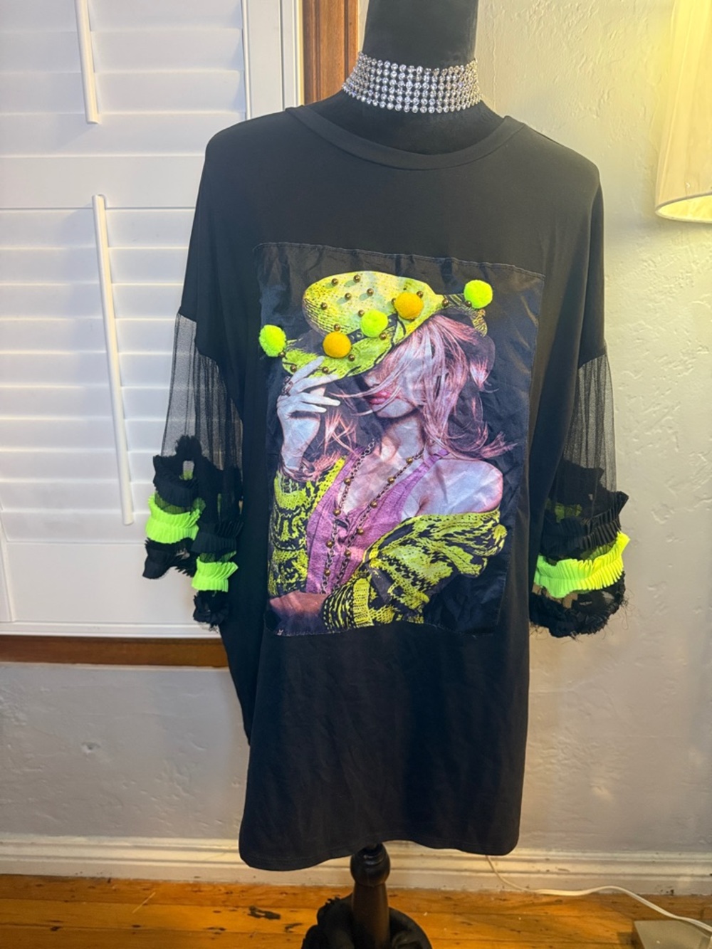 Black Graphic Pom-Pom Sleeve Tunic with Neon Lime Accents